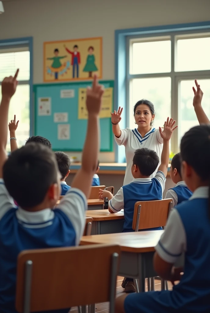 (photorealism:1.2),
Salvadoran students in a classroom, wearing blue and white uniform, sitting at individual desks, teacher explaining, 3 students raising their hands to give their opinion, everyone happy.