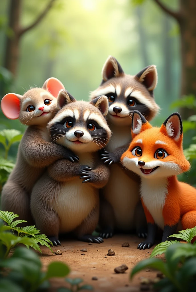Create an image of a little mouse, A sloth, a raccoon and a fox as if they were in a selfie