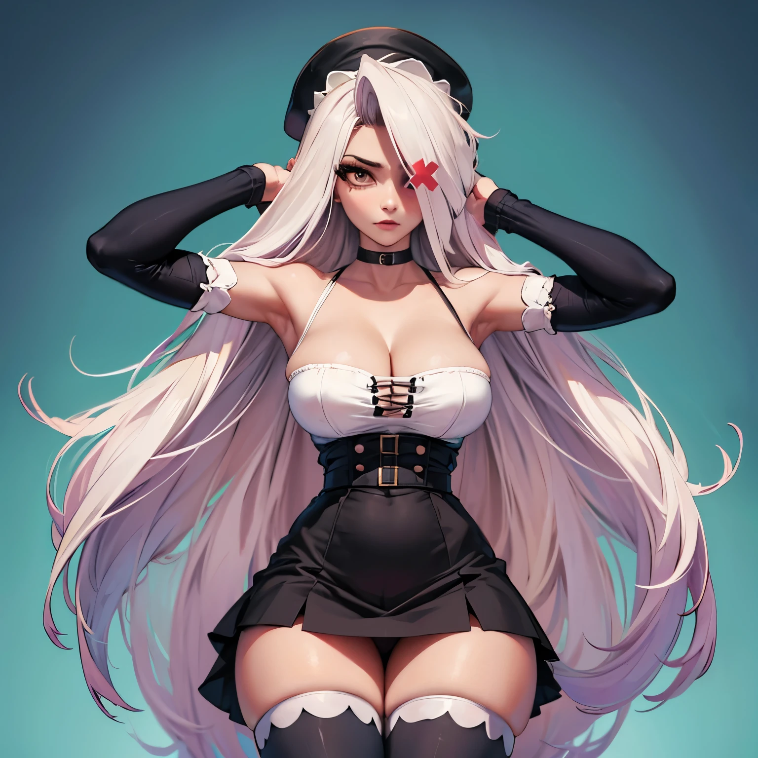 on fours, back view, sex(masterpiece, best quality:1.4), absurdres, highres, ultra detailed, beautiful, (maid), (perfect face, detailed face, beautiful:1.3),(natural breasts, cleavage), collarbone, fingerless gloves, gloves,spaghetti strap top, black pencil skirt, tight, over the knee skirt, hat, elegant maid outfit, thighhighs, thick thighs, thighs, multiple belts, More detailed 8K.motor irreal:1.4,UHD,La mejor calidad:1.4, fotorrealista:1.4, textura de la piel:1.4, obra maestra:1.8,obra-prima, mejor calidad,objeto Objeto], (detailed face features:1.3),(manos detailed)