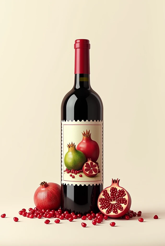 Pomegranate wine bottle stamp with a green and a red pomegranate and pomegranate seeds on the side with a light background. The image that is real without animation