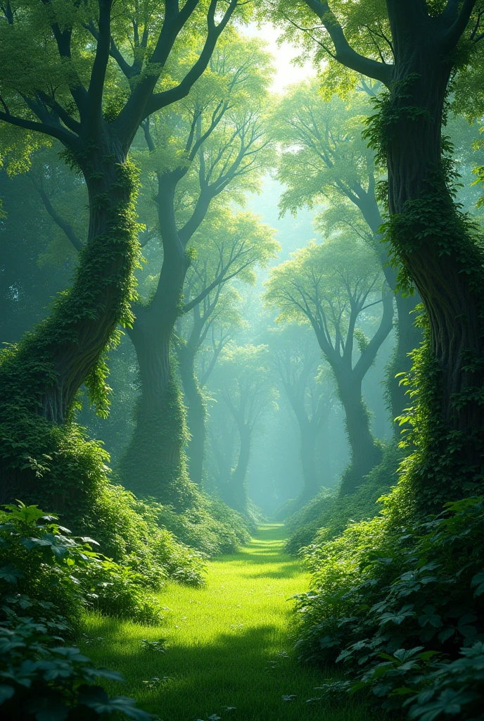 A dense jungle, with trees with white foliage, and with green grass