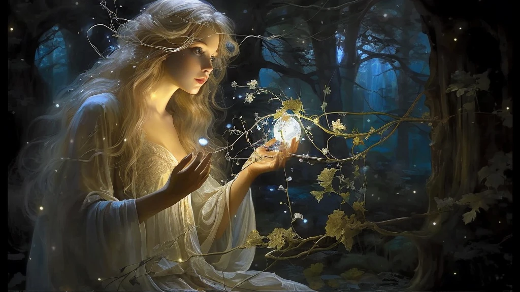 There is a woman with a glowing ball in the forest she walks towards the river., very beautiful lighting fantasy, beautiful fantasy art, beautiful fantastic paintings, very beautiful fantasy art, fantasy art, graceful and stunning young people, realistic fantasy paintings, fantastic fantasy, shining with magic, mysterious beauty, beautiful fantasy art portrait, fantasy digital art, fascinated by the spirit of nature, beautiful fantasy, amazing fantasy art