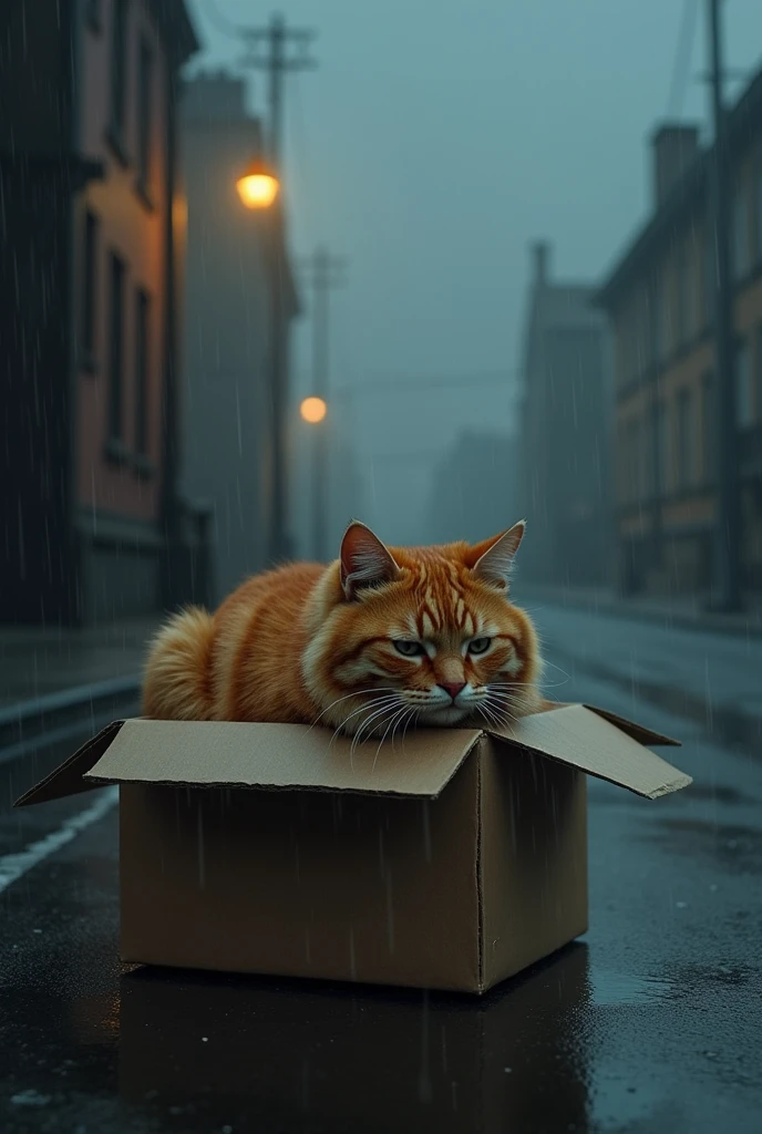 The cat huddled in a cardboard box, shivering as a few street lights cast a faint glow. The scene is quiet and desolate. Cat is crying and is ginger colour and the place is wet and rain is raining heavily