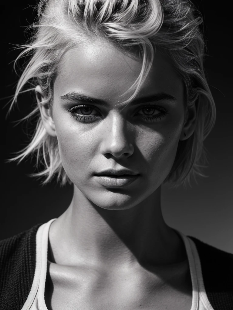campaign photo of fashion brand, monochrome film photo, close-up of women's face, simply monochrome background, messy hair, short hair, textured skin, closed mouth, sleeveless tops, looking down, cool and stylish expressions, hyperdetailed skin, hyperrealistic, 8k, UHD, artistic photography, mode, vogue, high fashions