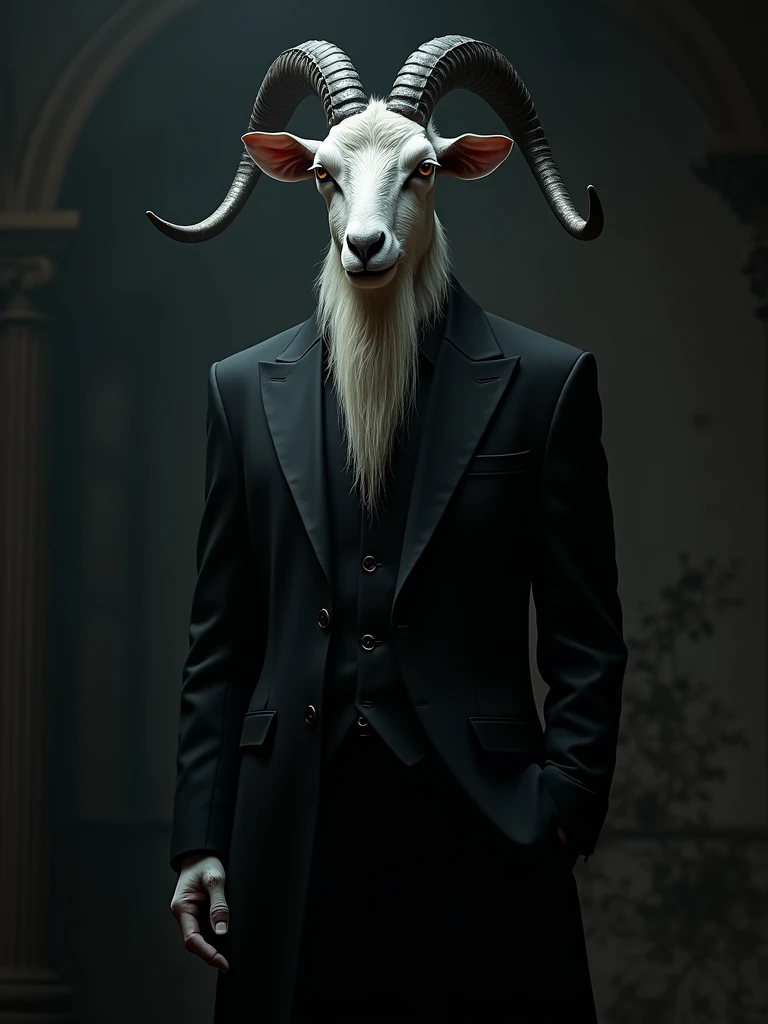 arafed goat with a long beard and a black suit, with black horns instead of ears