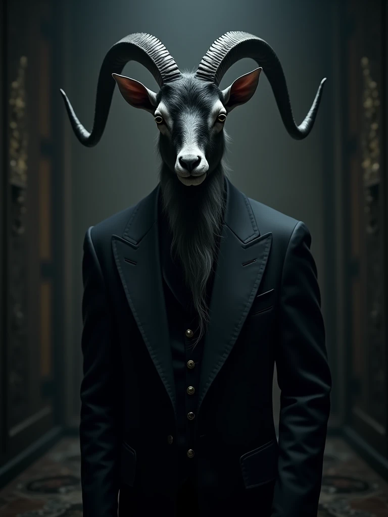 arafed goat with a long beard and a black suit, with black horns instead of ears