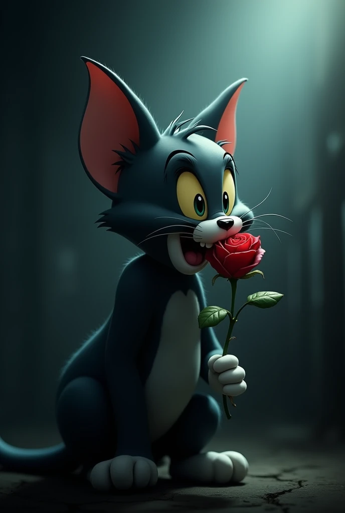 The character in tom and jerry  tom should have a rose in his mouth and background should be dark and misty