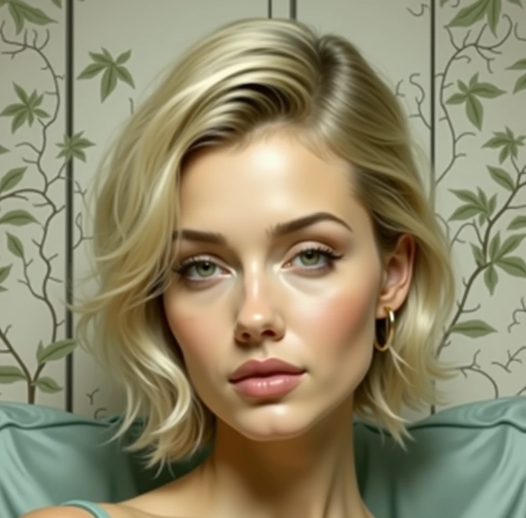 beautiful woman, sitting on bed, wearing loose off-shoulder top, sky-blue silk panties, short curly blonde hair, indoors, soft lighting, plants in background, small breast, window with sunlight, cozy room, sexy pose, realistic, intricate details, warm colors, by Greg Rutkowski, by Alphonse Mucha
