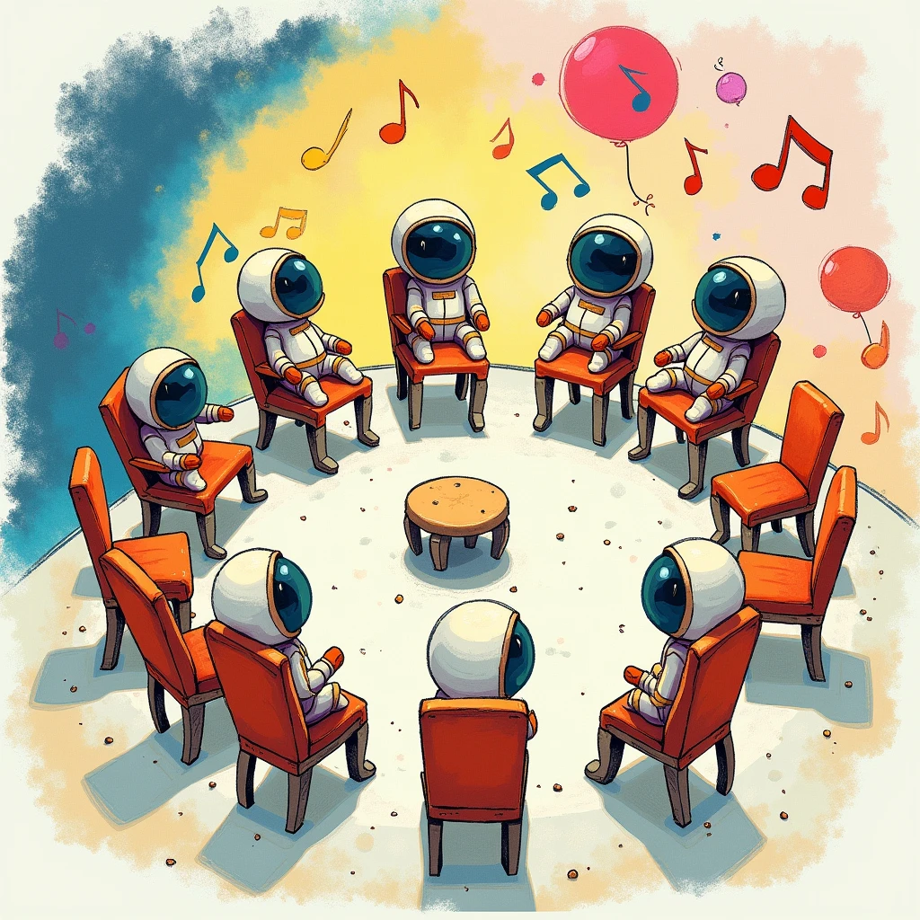 Child's drawing of a frame with astronauts and colorful notes around a circle of chairs with empty, individual children's chairs