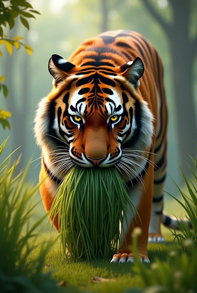 A tiger eating grass