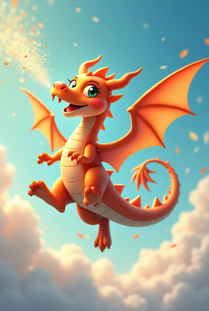 He breathes out sparkles, not much flame,
And loves to play a friendly game.
With laughter in his dragon eyes,
He soars and dances in the skies.