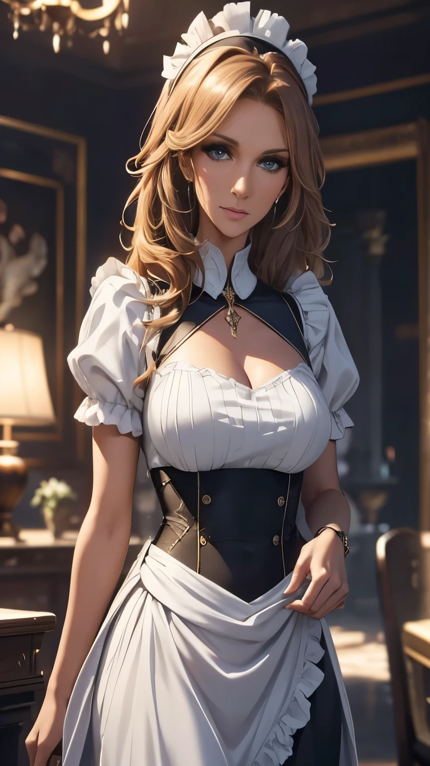 a beautiful woman (Celine Dion, dark skin), housekeeper, 1girl, modeling, blue eyes, detailed portrait, sexy maid outfit, maid uniform, holding feather duster, long dark hair, seductive pose, realistic, photorealistic, (best quality,4k,8k,highres,masterpiece:1.2),ultra-detailed,(realistic,photorealistic,photo-realistic:1.37),HDR,UHD,studio lighting,ultra-fine painting,sharp focus,physically-based rendering,extreme detail description,professional,vivid colors,bokeh,highly detailed,cinematic lighting,dramatic lighting