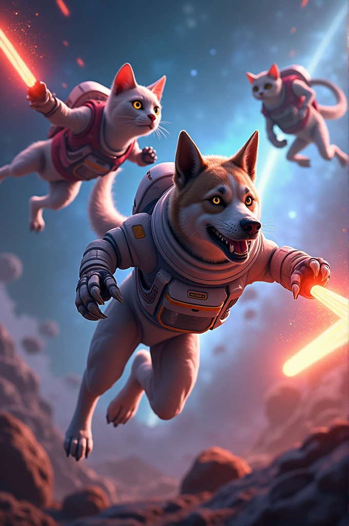 Space dog fighting an alien cat 
