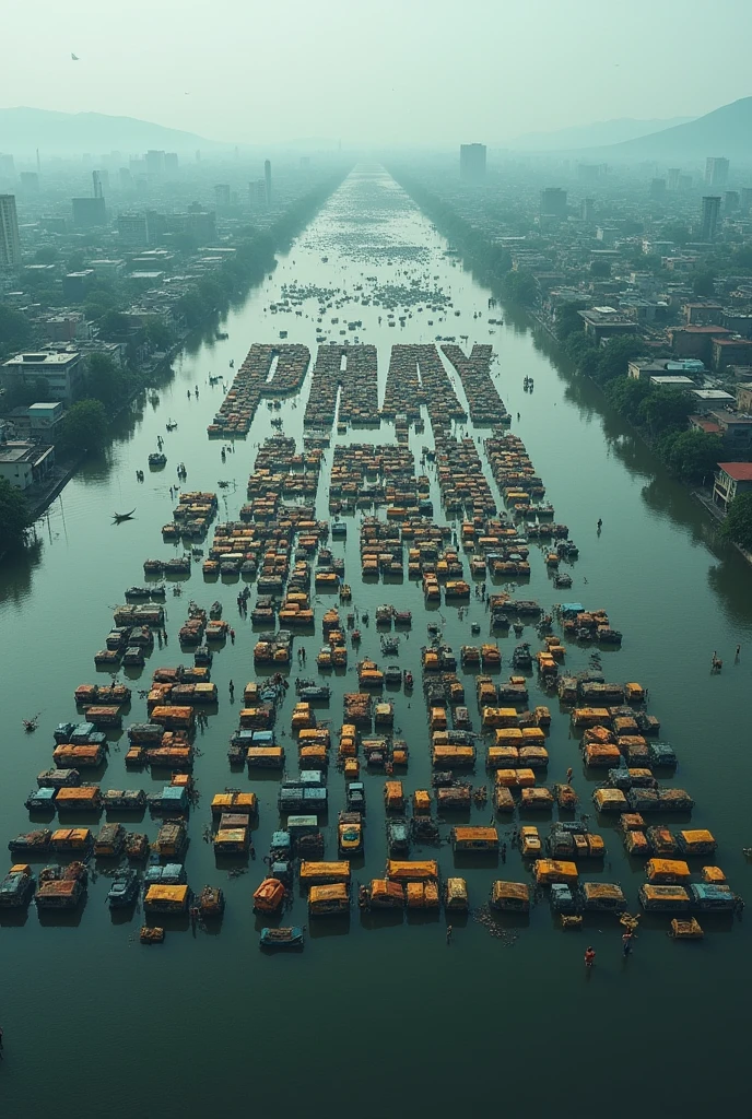 Create an aerial view of a vast flood city with buildings and mountains in the distance. The foreground is filled with countless vehicles and tents arranged in a grid pattern, forming large letters that spell out as 'PRAY FOR TRIPURA.' The scene should convey a sense of urgency and focus, with the letters made up of the vehicles, tents and buildings standing out prominently against the flooded background.