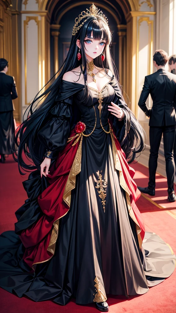 アニメ , an 18 year old princess, pretty, {gold tiara with sapphire and ruby stones}, {face perfect}, {Bblack hair}, {blue colored eyes}, {asymmetrical eyes}, {perfect nose}, {red lips}, {full body 5.0}, {modern long dress inspired by princesses in red and black with rich details}, {facing the front, looking at camera}, {walking in a castle}
{8k image}, {128k ultra resolution}, {ultra quality 128k}, {128k high quality sharpness}
