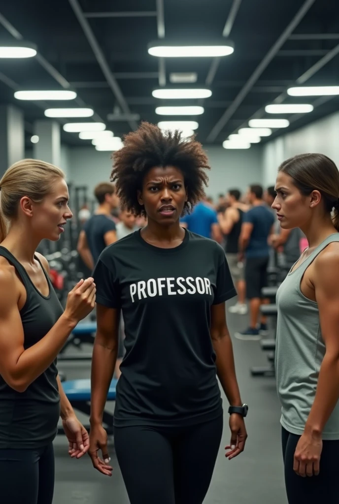 “A bustling gym with various exercise machines visible, including bench press, rowing machine, free weights, and leg press. The room is filled with students, both men and women, actively working out. In the middle of the aisle stands the gym instructor, a 24-year-old Black Brazilian woman with curly hair and a physique that reflects an active fitness lifestyle. She is wearing a black t-shirt with ‘PROFESSOR’ in the center. The instructor looks furious and overwhelmed, as the gym is overcrowded with students. On either side of her, two female students are visibly upset: one is a blonde and the other has light brown hair. Both are angrily complaining to the instructor, who struggles to manage the situation. The image should be captured in ultra-realistic quality using high-end professional cameras and lenses, such as the Canon EOS R5 with an RF 50mm f/1.2L lens, to ensure sharp details and impressive realism. The photo should capture the intense atmosphere of the gym and the heightened emotions of the instructor and the two students.”