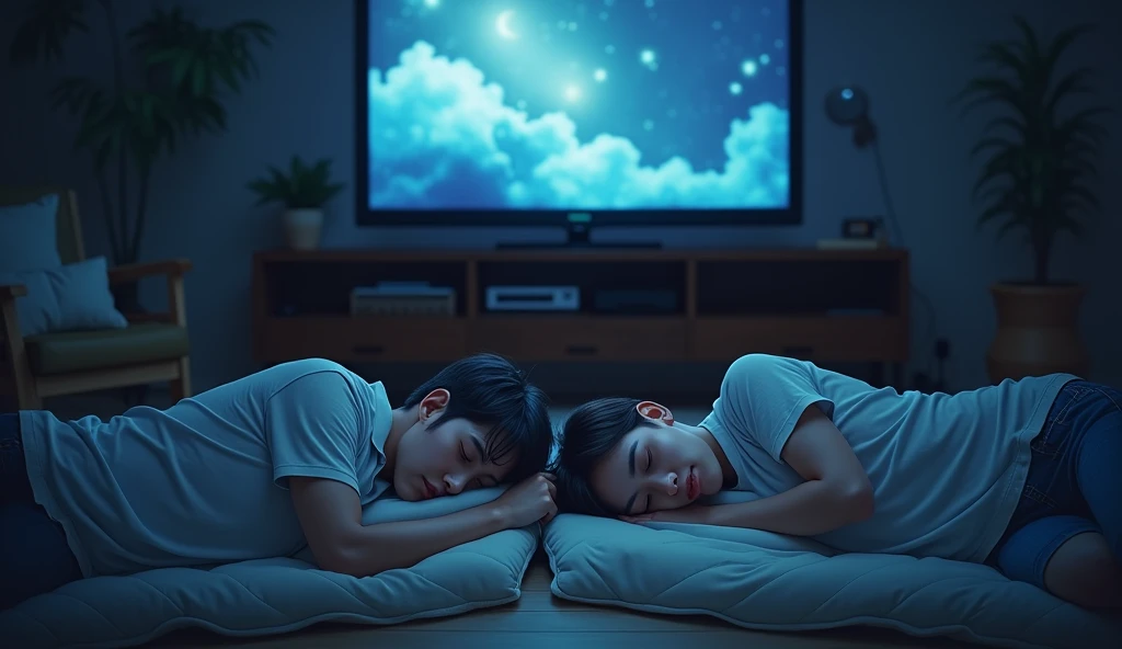 A simple TV room, with mattresses spread across the floor. The movie is playing on a big TV, and the lights are low, creating an atmosphere of relaxation. two men are lying down, sleeping, while a woman lies between them, with a thoughtful and restless expression.