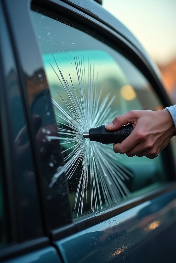 a flexible, unbreakable car window being hit with a tool as seen from outside
