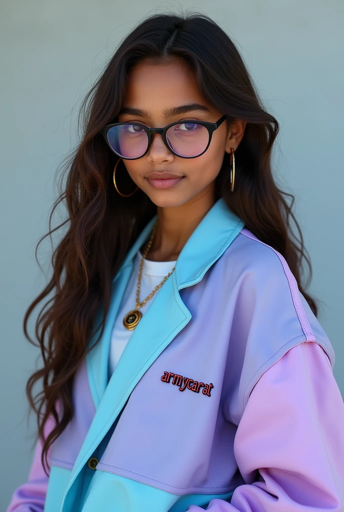 Dark skinned age girl with long brown hair and glasses wearing a half light blue half pastel purple jacket that says ARMYCARAT