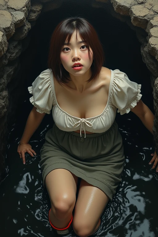 Highest quality,4K,8k,High resolution,masterpiece:1.2),Very detailed,(Realistic,写真Realistic,photo-Realistic:1.37),Portraiture,oil,A murky crime palette,Dramatic lighting,Eyes and face、smile、round face、Expressive wrinkles、Japanese women、Sturdy physique、He is short、Plump thighs、Plump upper arm、Bob Haircut、Brown Hair、mini skirt、Puff sleeves、Hunter Rain Boots、Stuck in a tar pit