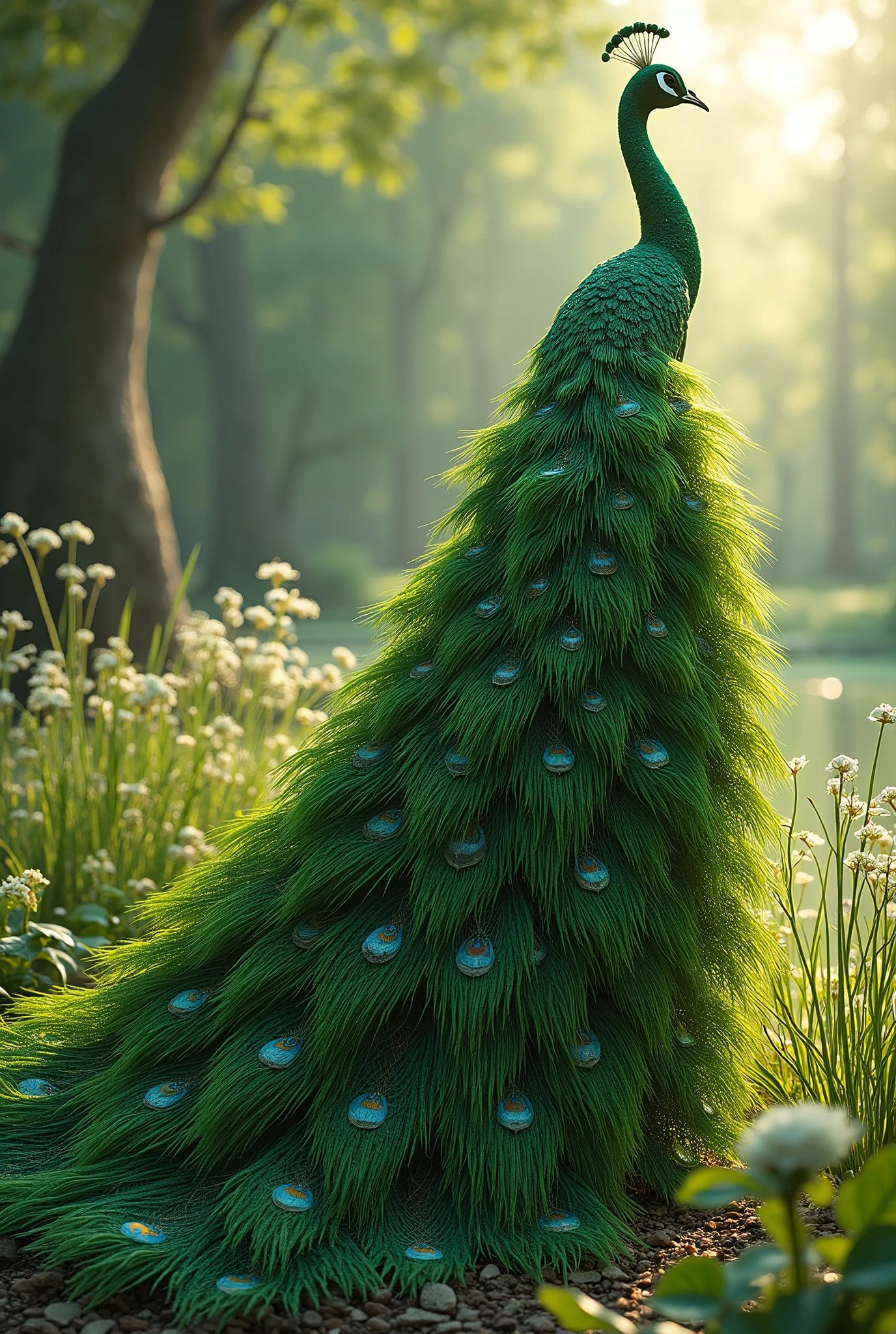 Draw a peacock  made of grasses