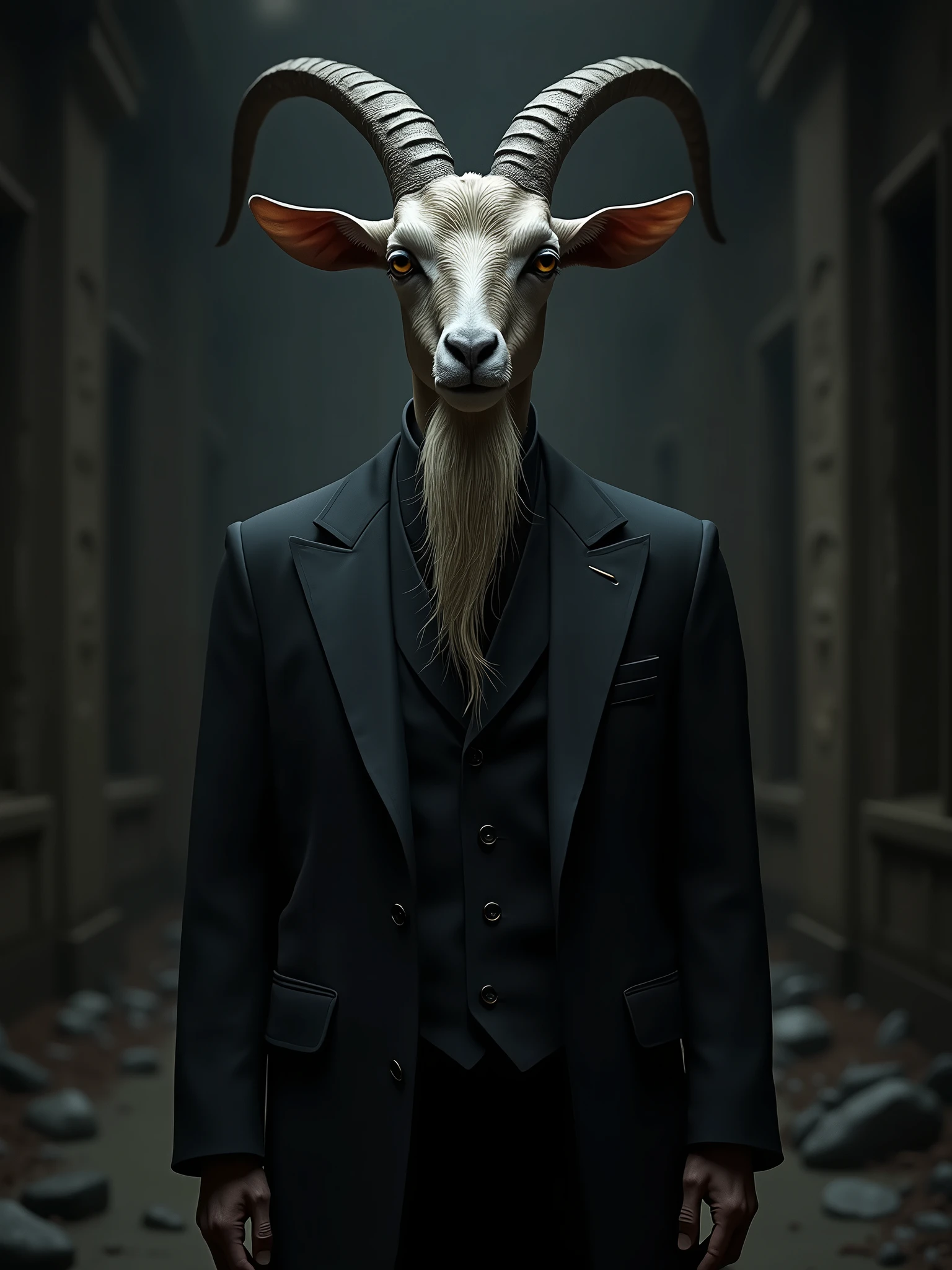 arafed goat with a long beard and a black suit, with black horns instead of ears