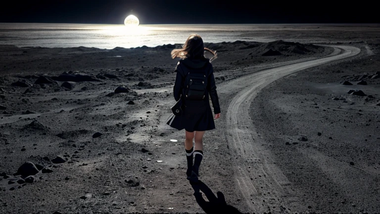 wide shot, Girl walking left to right, empty dark planet, small moon, dark