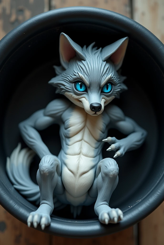 standing alone, mascle, (Scrawny), (mascle anthro wolf):1.3, gray body, white and hairy belly, (laying on back):1.3, ((natta)) (inside a black pot), knot, canine penis, detailedeyes, wolf tail, ((body portrait)), (detailedeyes, blue colored eyes, glare eyes)