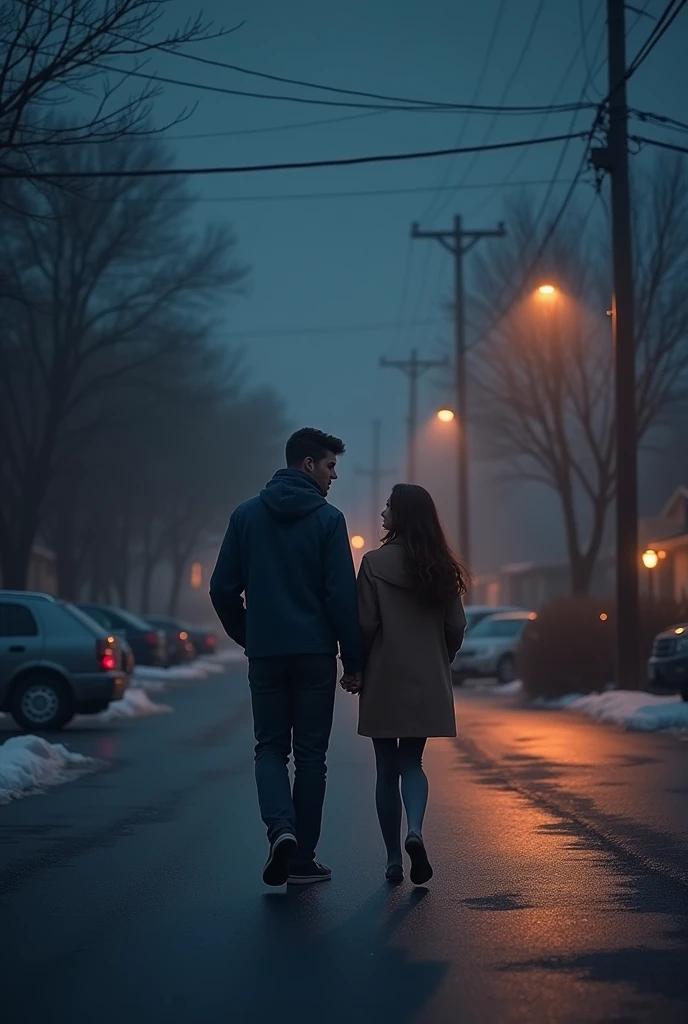 Bob and Lizzie walk side by side down a quiet street, their breaths visible in the cool night air. 
They reach a parking lot, where they pause, looking at each other under the dim glow of a streetlamp.