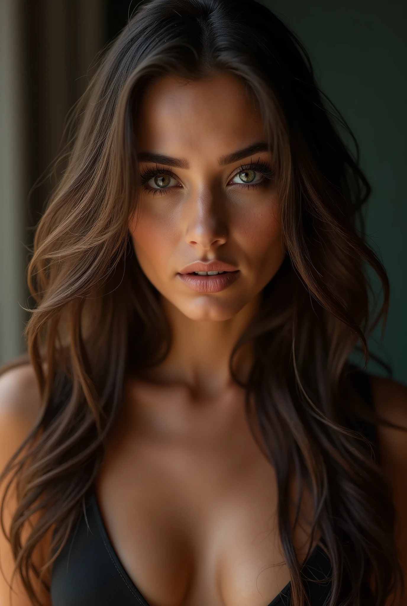A portrait of an attractive, seductive woman standing confidently. She has long, flowing hair and expressive eyes, looking directly into the camera with a captivating and alluring expression. The background is softly blurred, drawing focus to her face and confident pose. 