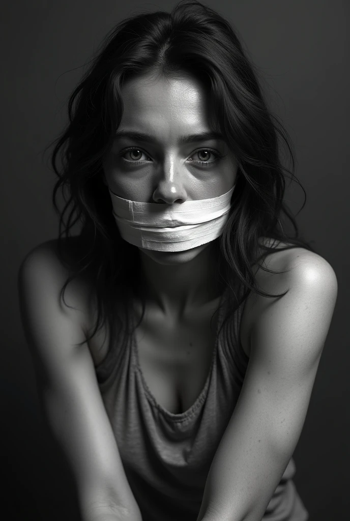 woman with tape on her mouth, prevented from speaking. bruised. Showing the arms. black andwhite