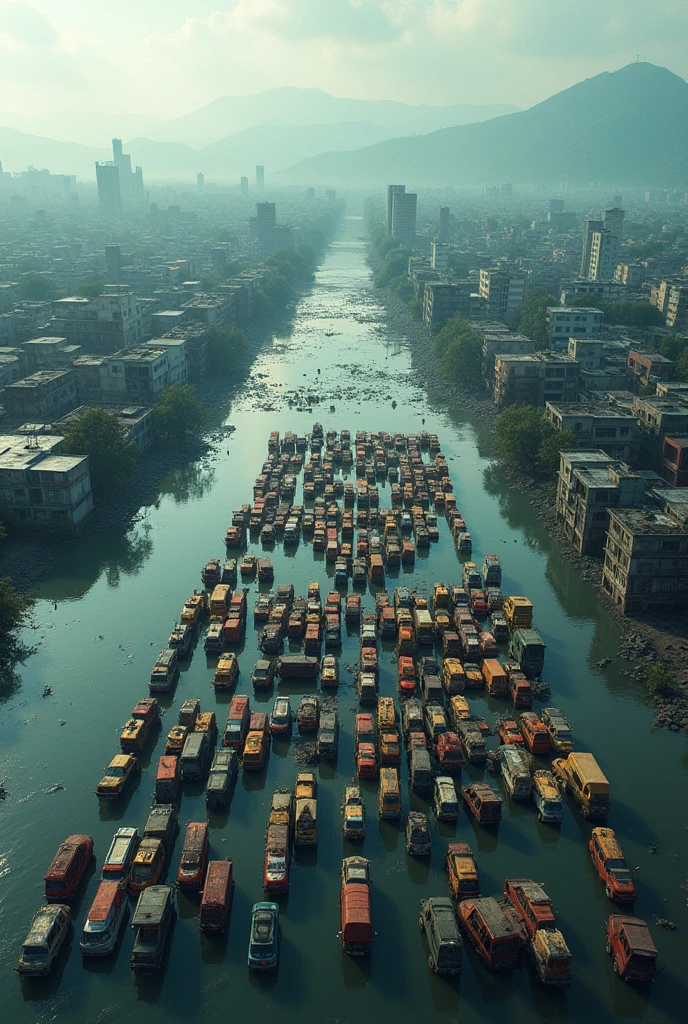Create an aerial view of a vast flood city with buildings and mountains in the distance. The foreground is filled with countless vehicles and tents arranged in a grid pattern, forming large letters that spell out as  'PRAY FOR TRIPURA.' The scene should convey a sense of urgency and focus, with the letters made up of the vehicles, tents and buildings standing out prominently against the flooded background.