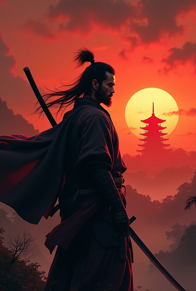 ronin, holding sword, in sunset background with temple