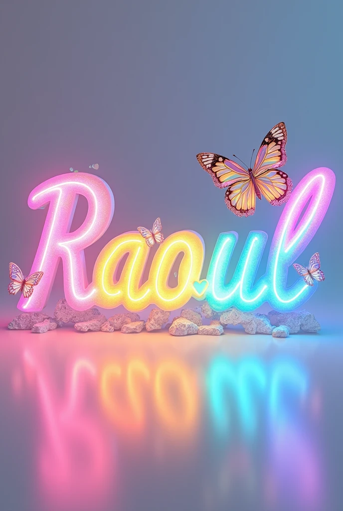 A captivating 3D glass render of the word"RAOUL" skillfully crafted into an elegant and sophisticated logo. The name is written in a graceful, flowing font, adorned with a tiny heart and a mesmerizing transparent, iridescent butterfly. Each letter is illuminated with vibrant neon shades of pink, blue, yellow, purple, green, and orange, adding a touch of modernity and charm. The logo stands out brilliantly against a clean white background, serving as a striking centerpiece. This enchanting design would be an ideal choice for a cinematic poster or architectural rendering, commanding attention and versatility across various applications.,
illustration, cinematic, 3d render, poster,typography, architecture, photo