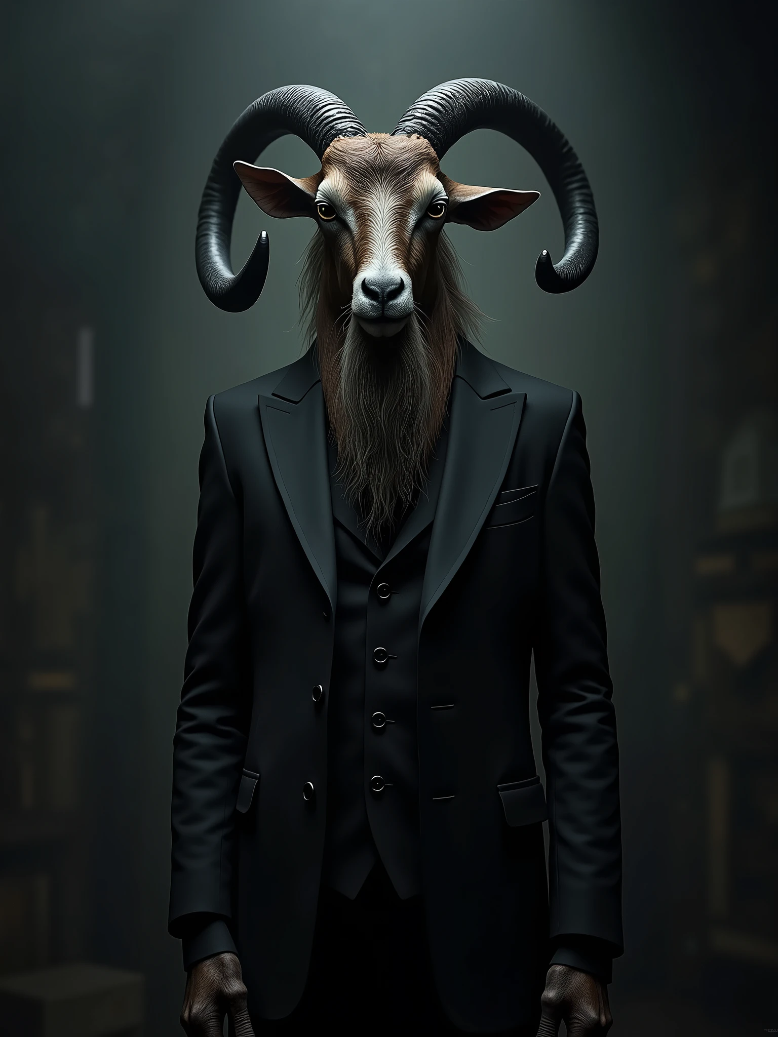 arafed goat with a long beard and a black suit, with black horns instead of ears
