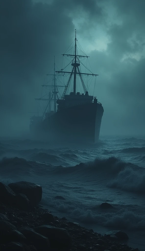 A stormy night on the Great Lakes with the faint outline of a ghostly ship, the Edmund Fitzgerald, rising from the dark waters in daylight make it cinematic 8k resolution