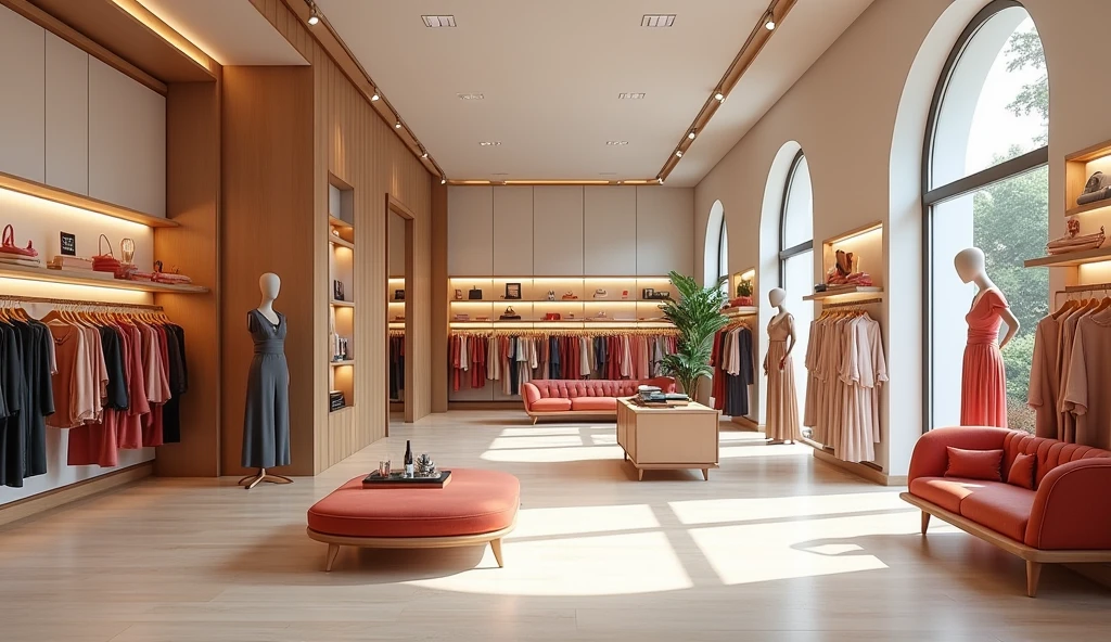 [Core concept] A seductive scene depicting the interior of a high-end fashion store called "Ellincina". [Character description] Elegantly dressed mannequins show off the latest trending fashion designs, their posture exudes elegance and charm. [Environment/Background] The store's interior is defined by sleek, modern architectural elements - large tile floors, floor-to-ceiling glass displays and chic, feminine metal fixtures [Style and Atmosphere] The overall atmosphere is one of understated yet captivating elegance, with a subtle interplay of light and shadow creating a warm, inviting glow throughout the space. time. [Layout] The layout is carefully arranged, attracting viewers' eyes through the harmonious arrangement of goods, with the product as the main focus. [Details and decorations] Subtle design accents, such as intricate lighting fixtures and carefully selected decorative elements, add depth and visual interest for the scene. [Specifications] Images must be displayed in a high-resolution, photorealistic style to capture the nuances of texture, material, and lighting in a fashion store environment.