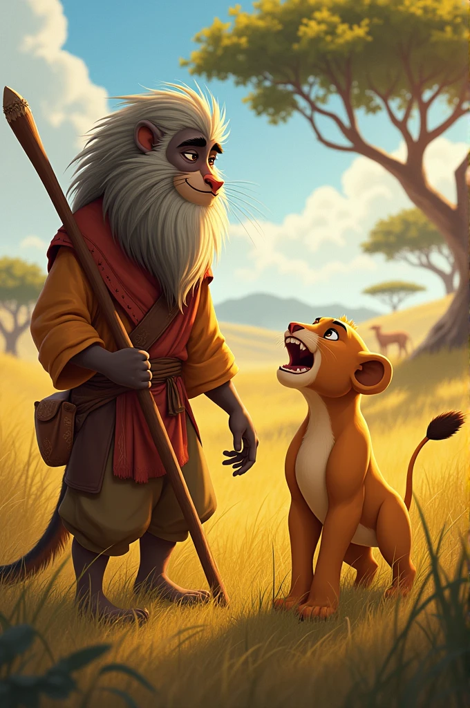 Rafiki(Wise Lion) smiles proudly as Leo(young lion) opens his eyes, surprised by his own roar.]
