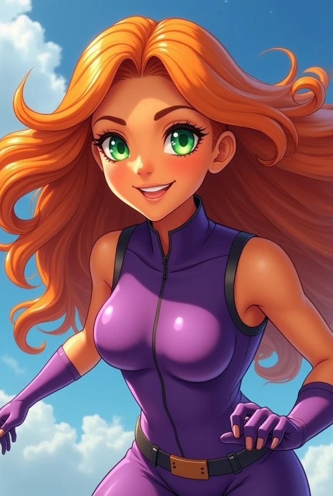 An orange skinned girl, wearing a purple sleeveless power suit. Her eyeballs are bright green, glowing and without pupils inside. She has orange long and wavy hair, an hairbang and she is busty. She flyes in the sky. Beautiful detailed face