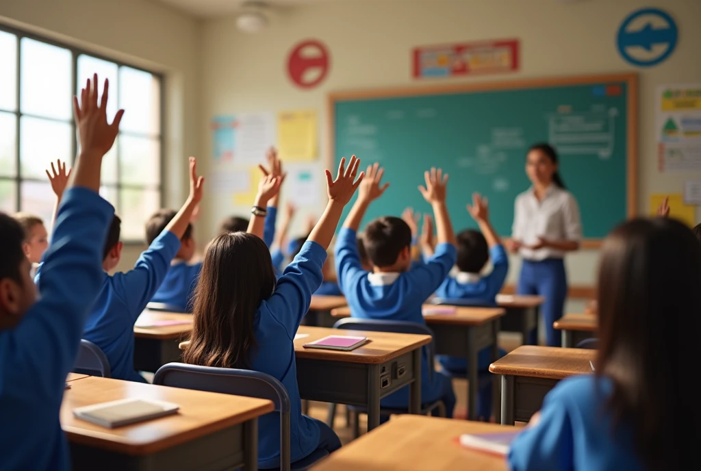 (photorealism:1.2), 

Salvadoran students in a classroom, wearing blue and white uniform, sitting at individual desks, teacher explaining, 3 students raising their hands to give their opinion, everyone happy.