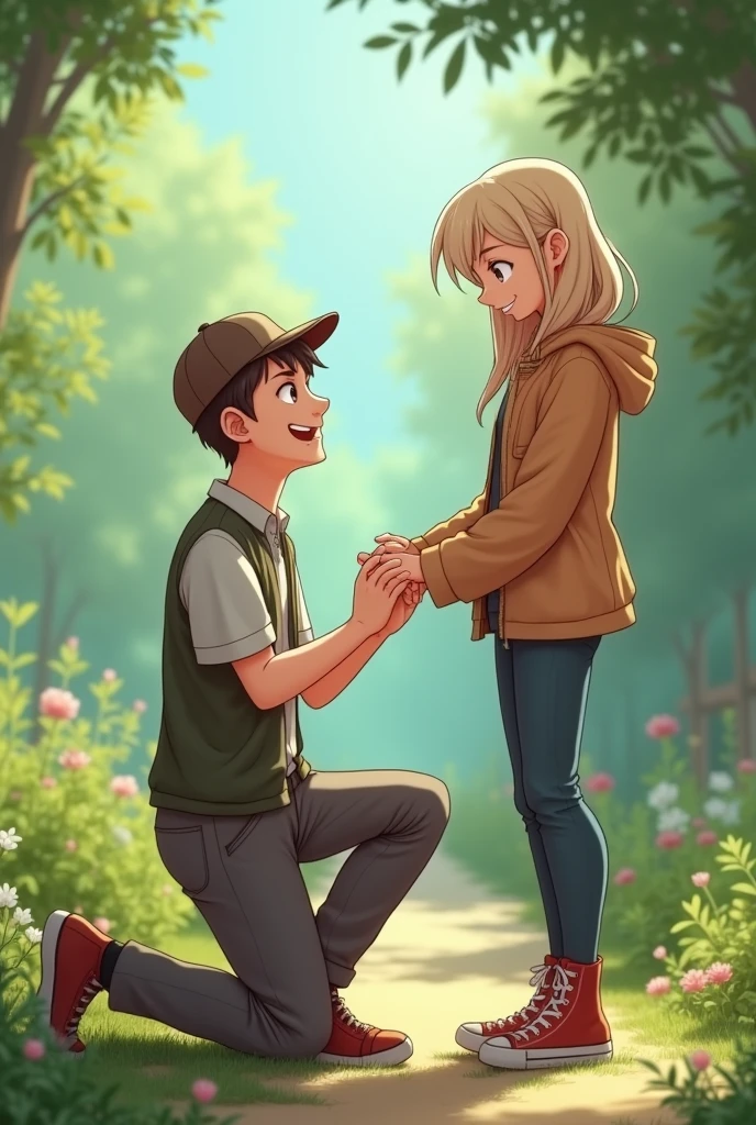 A bald man in a cap, proposing to a shorter woman