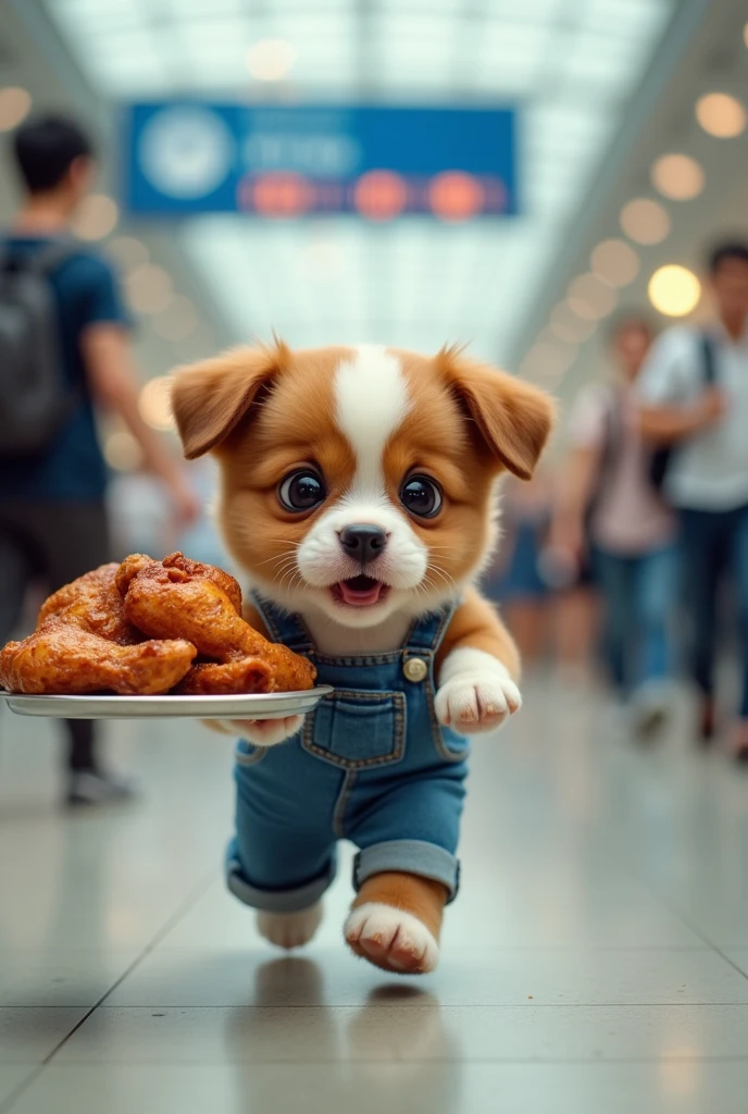 { "prompt": "A brown and white puppy in denim overalls carrying a tray full of roasted chicken ran away with a shocked expression. It ran through Suvarnabhumi Airport. Airport staff chased after the puppy. There were many tourists."aspect_ratio": "9:16" } ```