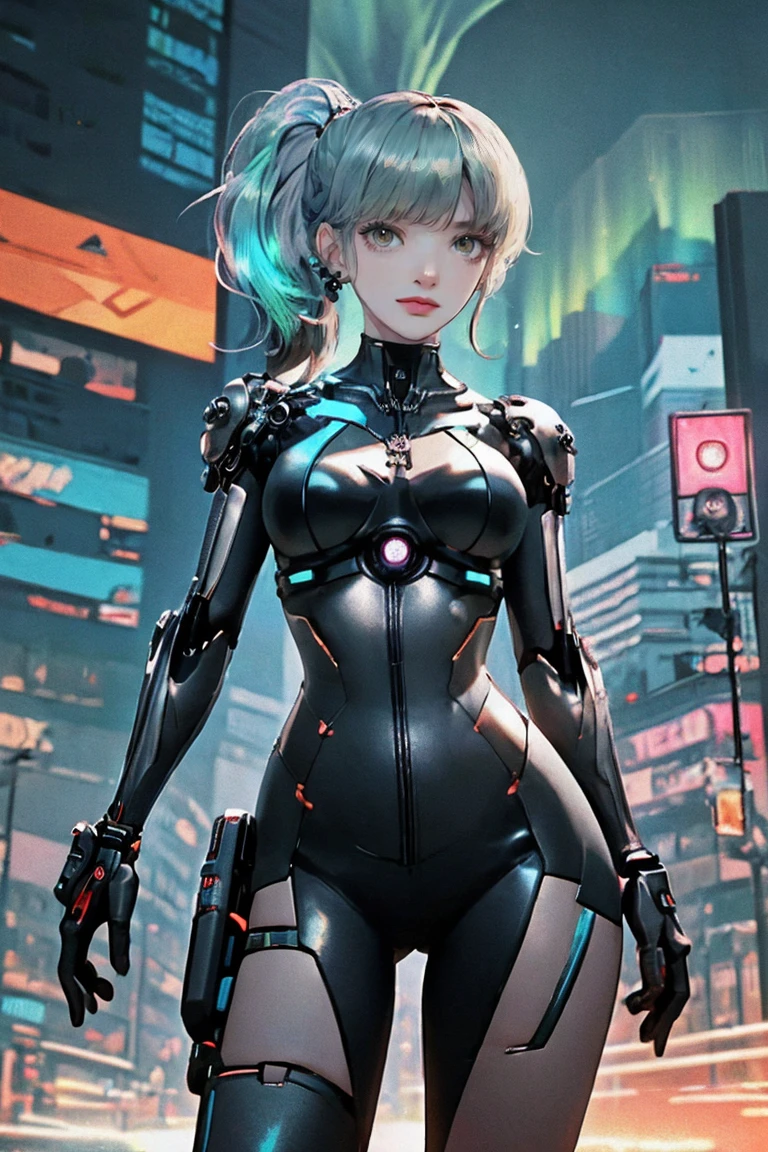 ((Highest quality)), ((masterpiece)), (detailed:1.4), (((Translucent with mechanical parts and transparent skin++Rainbow aurora material++、++Grey carbon material++The beauty of cyberpunk))), ((Wide open chest)), Hip and thigh skin, Ticker (High Dynamic Range), Ray Tracing, NVIDIA, Super Resolution, Subsurface Scattering PBR Texturing, Post-processing, Anisotropic Filtering, Written boundary depth, Surface Shading, Accurate simulation of light/Material interactions, Perfect Proportions, Two-tone lighting, wide aperture, Low ISO, White balance, 8k, Browsing Caution, (((Tall Woman))), 25-year-old woman, Bright LED, Knee-length, bulge, Open Stance, Hip and thigh skin, Beautiful body, You can see your belly button through your bare skin, Large Breasts, ((Cyber Suit with Luminous LED)), (Large Breasts: 1.0) , Dazzling cyberpunk cityscapes, Skyscraper, Neon Signs, LED Light, Bright and vivid color scheme, Bright and vivid color scheme, Surprised expression, Blunt bangs, (((+++Beautiful bright iridescent hair+++ Straight Medium Ponytail))), Anatomically correct arms and fingers, seed: 256 :1>,Browsing Caution,