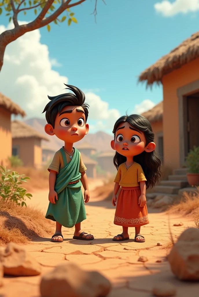 In cinematic 3d cartoon style"The Drought**  
   The village during a drought, with dry fields and a lack of greenery. Mira and Bunty look concerned as they observe the impact on their surroundings"
