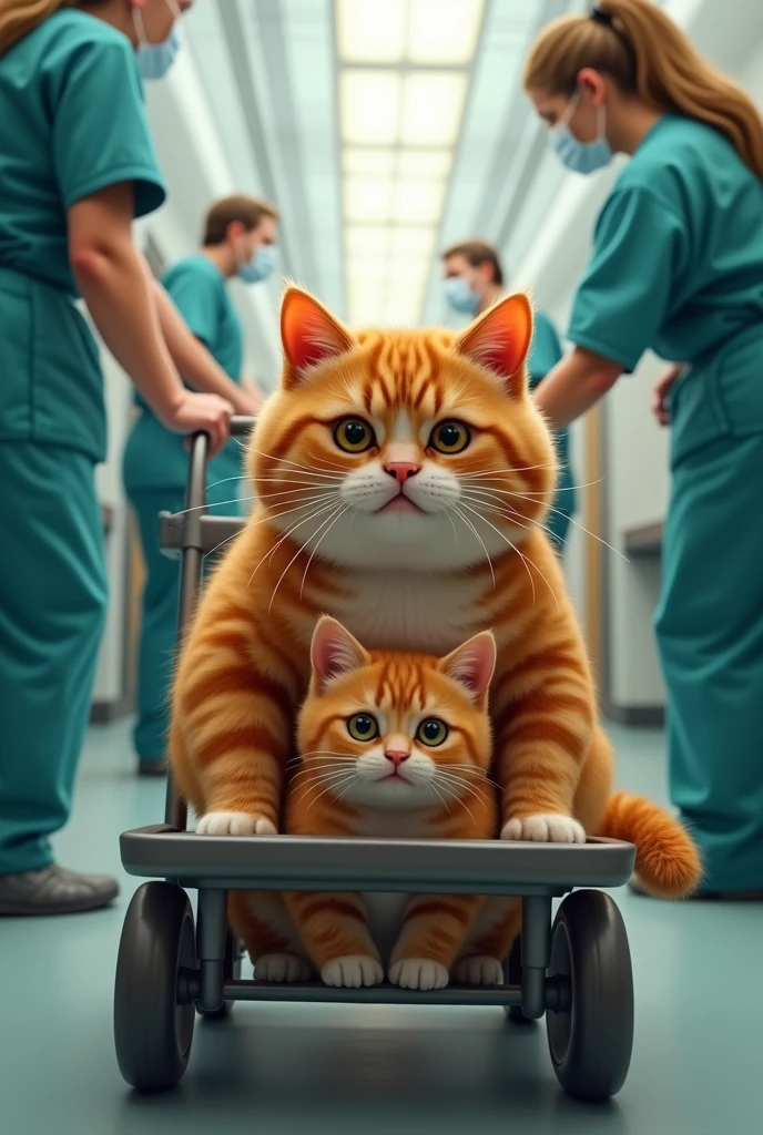 The two orange hair cats one big and her baby . At the hospital entrance, medical staff wheel the chubby cat and her baby kitten into the emergency room, their faces etched with concerns and oxygen mask.