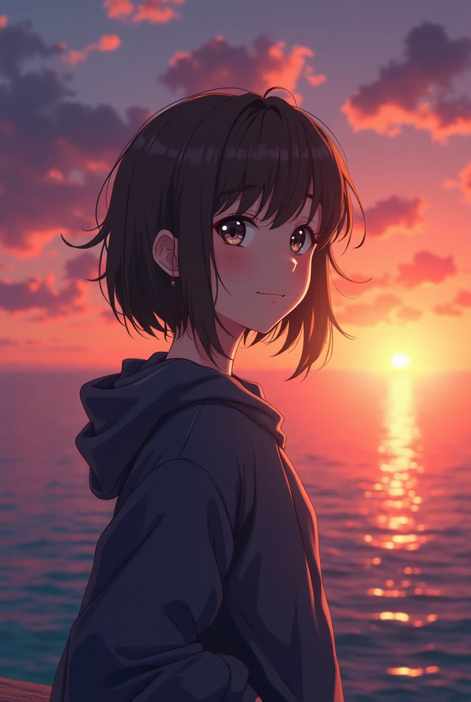 anime style, in the sky, North Sea, Both eyes opened., The eyes are detailed., in the sunset, smile, Masterpiece, 4K, detailed face, good anatomy, Highlights,