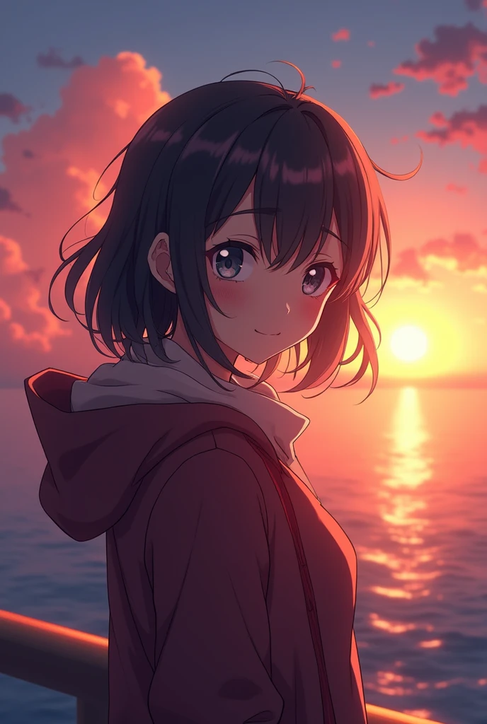 anime style, in the sky, North Sea, Both eyes opened., The eyes are detailed., in the sunset, smile, Masterpiece, 4K, detailed face, good anatomy, Highlights,