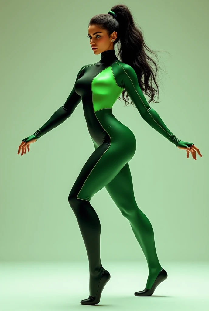 A girl in a half green half black Shego-like outfit from the animated series Kimposible. Bolivian sambo caporal dance style in full shot.