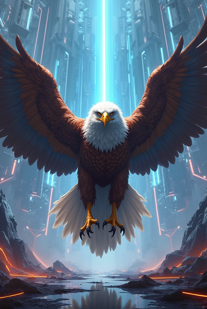 Blue and technological background with a big fierce eagle in the middle