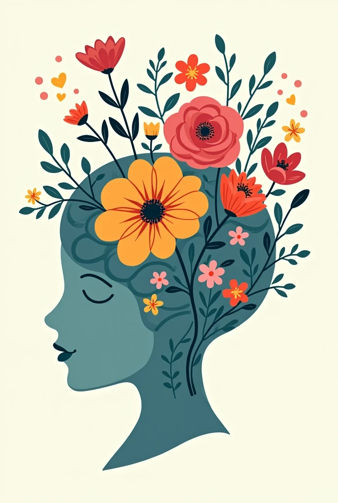 Brain with flowers. Silhouette of human brain with beautiful blooming plants. Mental health, well being and self care. Metaphor of harmony and psychological stability. Cartoon flat vector illustration